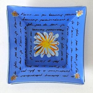 Blue Square Glass Trinket Dish with Floral Design